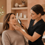 Provider examining a patient's skin with a magnifying light during a facial assessment.