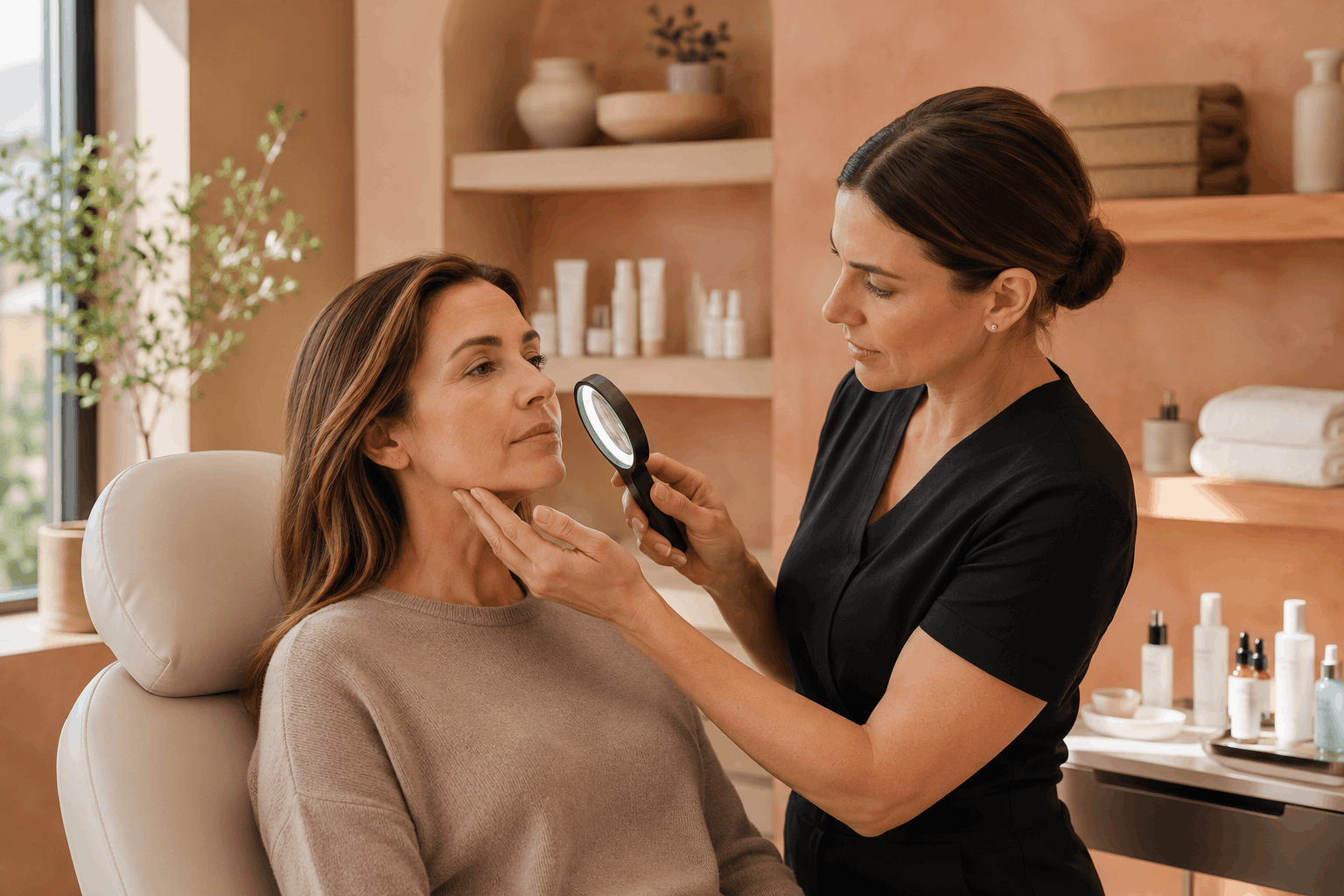 provider examining a patient's skin with a magnifying light during a facial assessment.