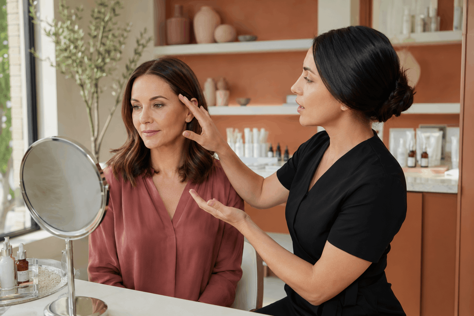 provider discussing facial rejuvenation goals with a patient while using a handheld mirror.