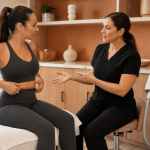 Provider discussing body contouring options with a patient in a treatment room.