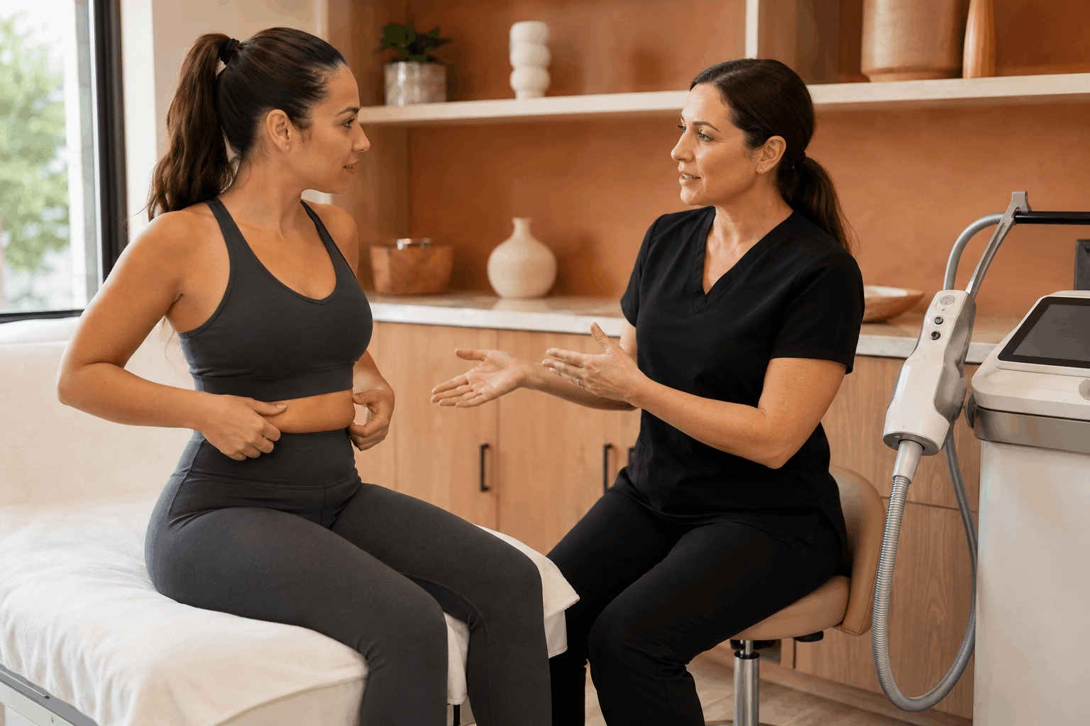 provider discussing body contouring options with a patient in a treatment room.