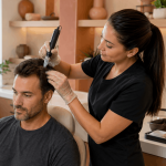 Provider performing a non-surgical hair restoration treatment on a male patient.