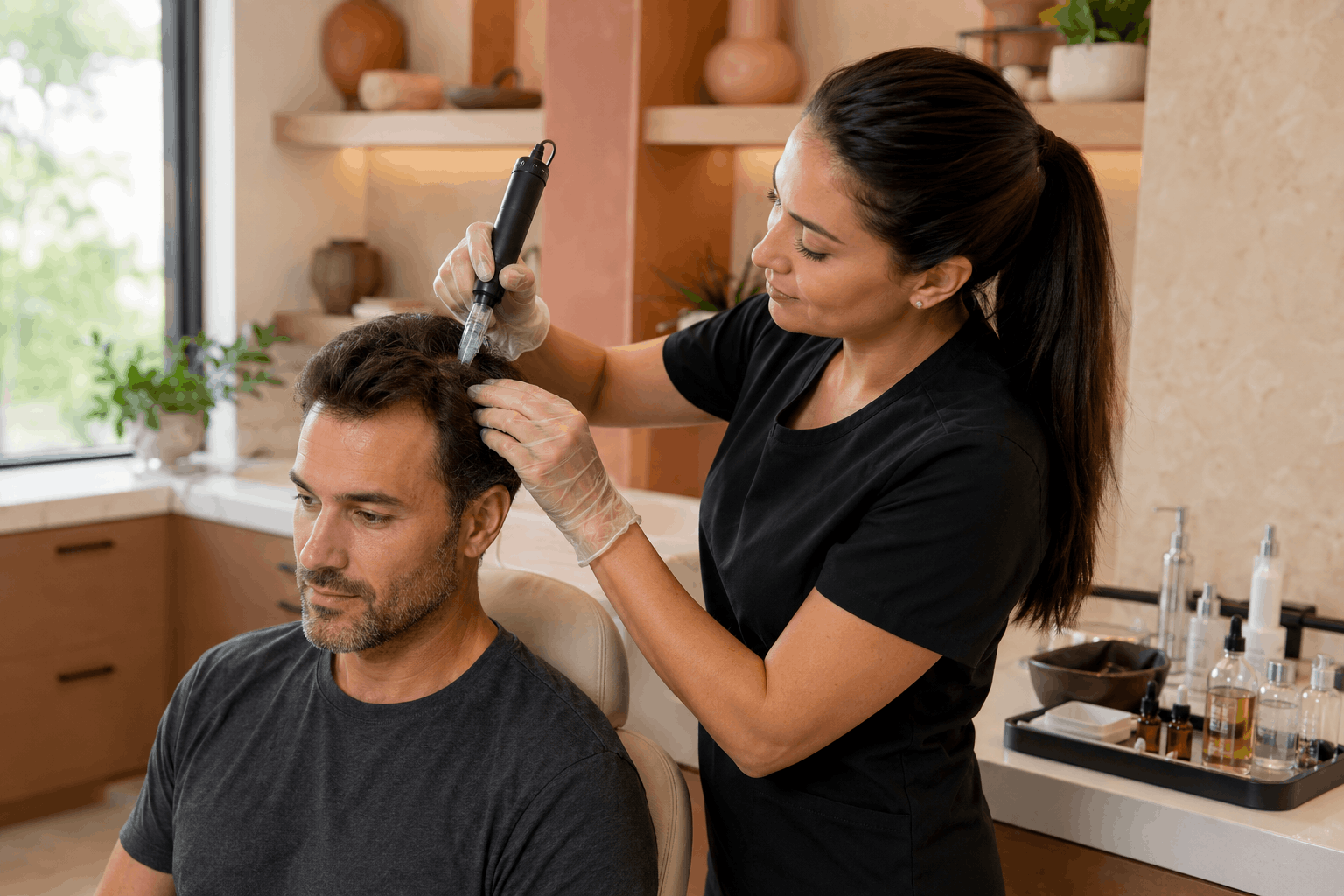 provider performing a non-surgical hair restoration treatment on a male patient.