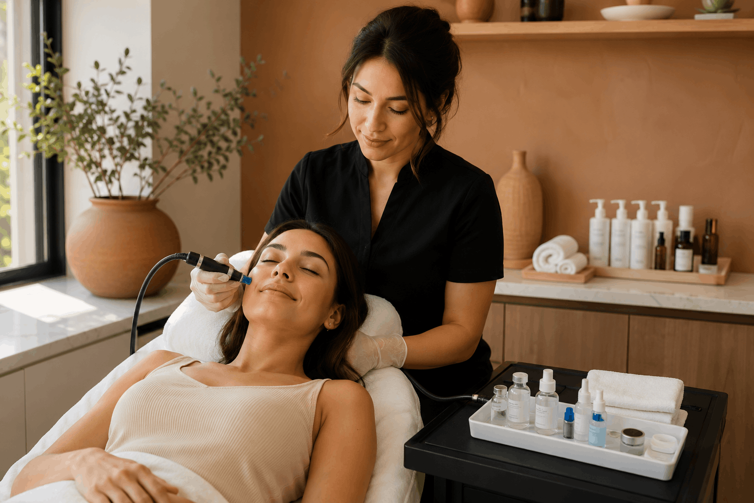 provider performing a hydrafacial treatment on a relaxed patient in a medical spa.