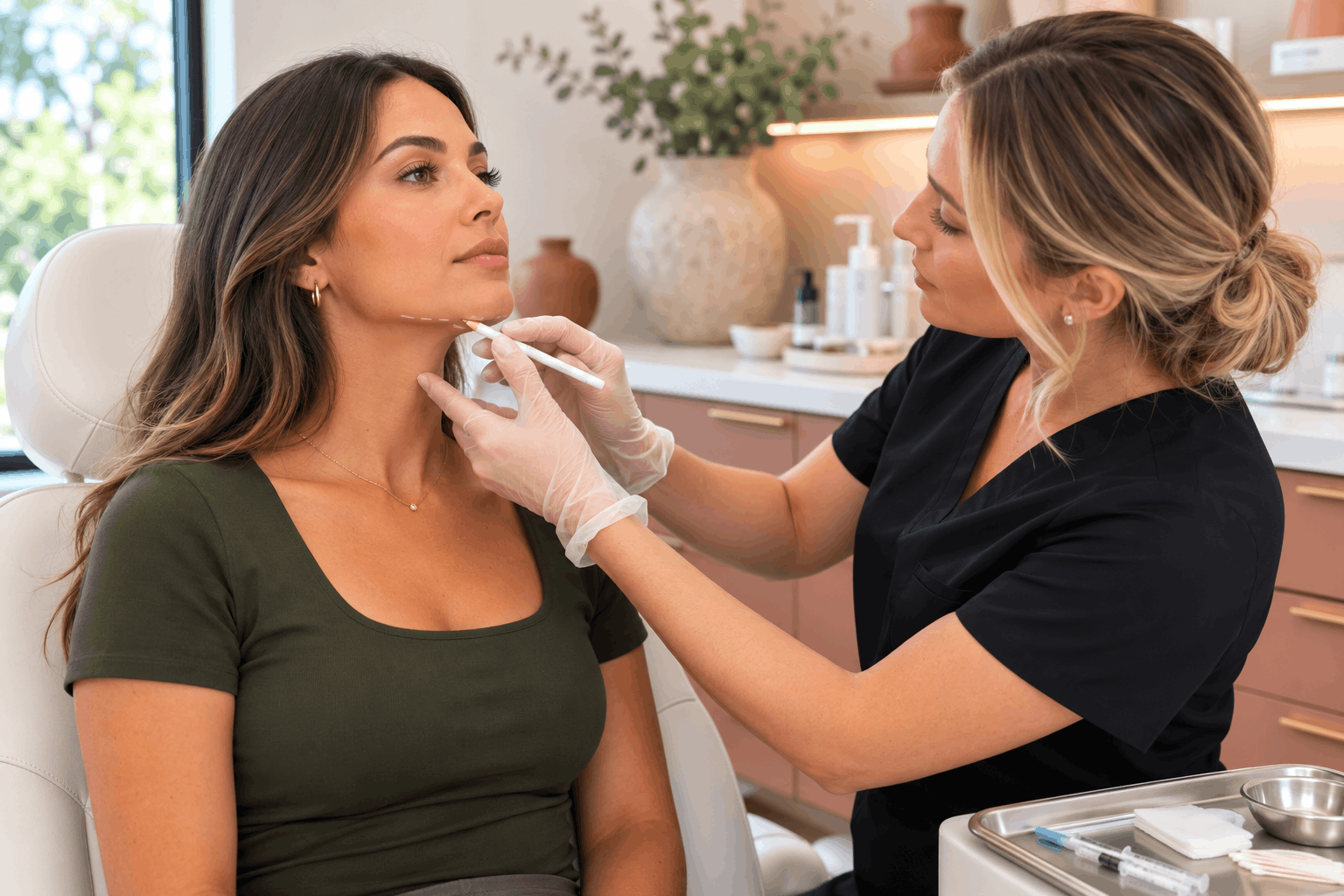 provider marking a patient's jawline before a cosmetic injectable treatment.