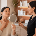 Patient using a mirror while discussing neck rejuvenation treatment options with a provider.
