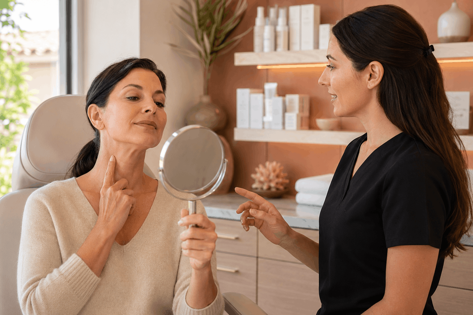 2026 08 genesis medspacom img neck rejuvenation consultation v1 genesis medspa - patient using a mirror while discussing neck rejuvenation treatment options with a provider.