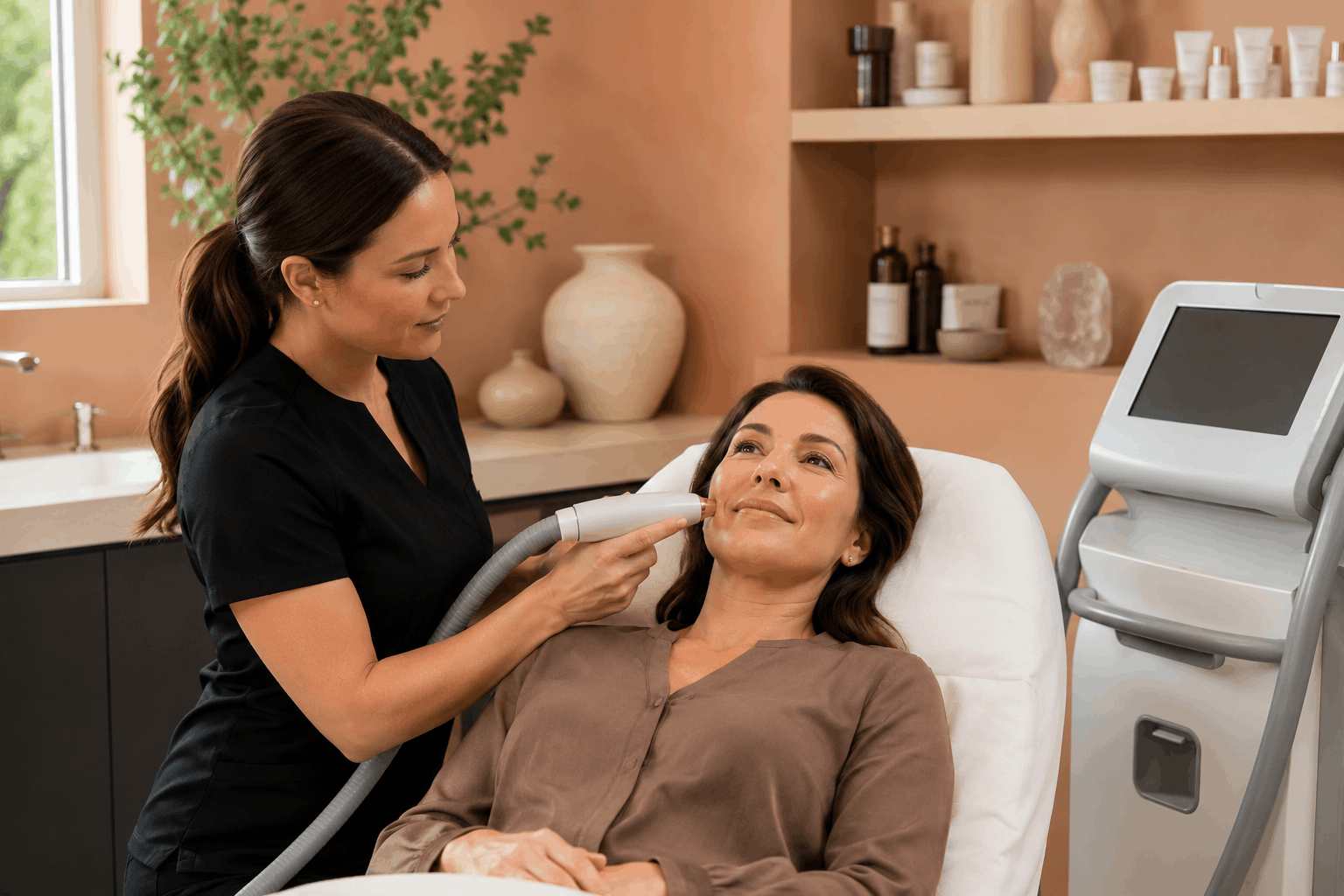 provider performing a non-invasive skin tightening treatment on a patient's face.