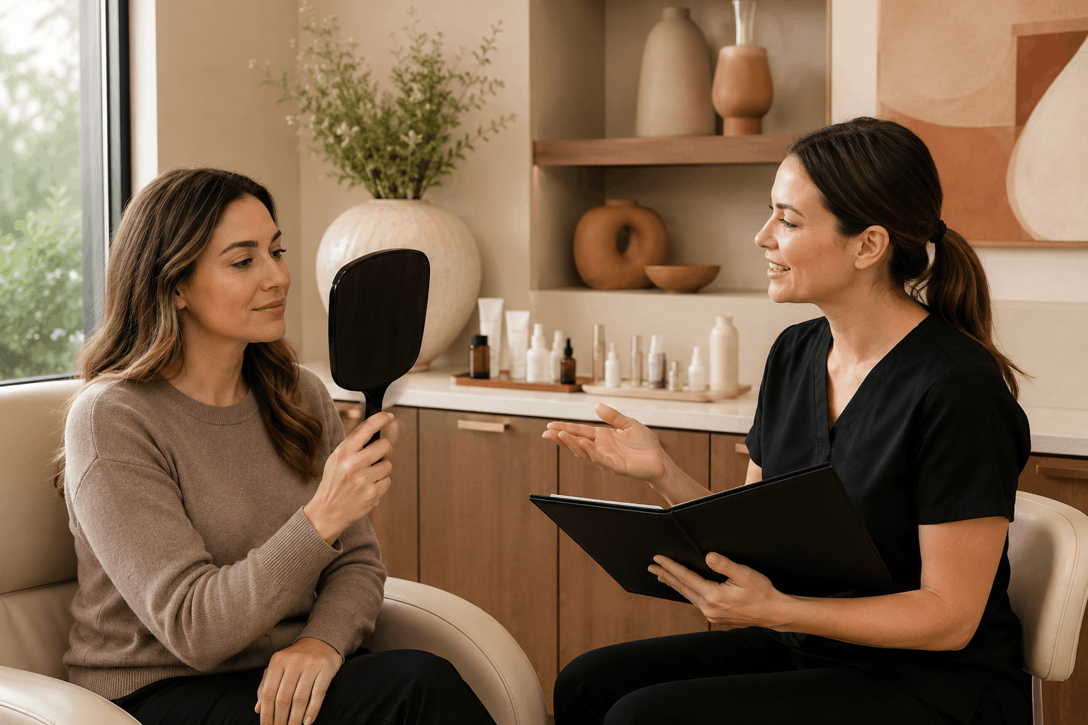 provider reviewing treatment recommendations with a patient holding a handheld mirror.