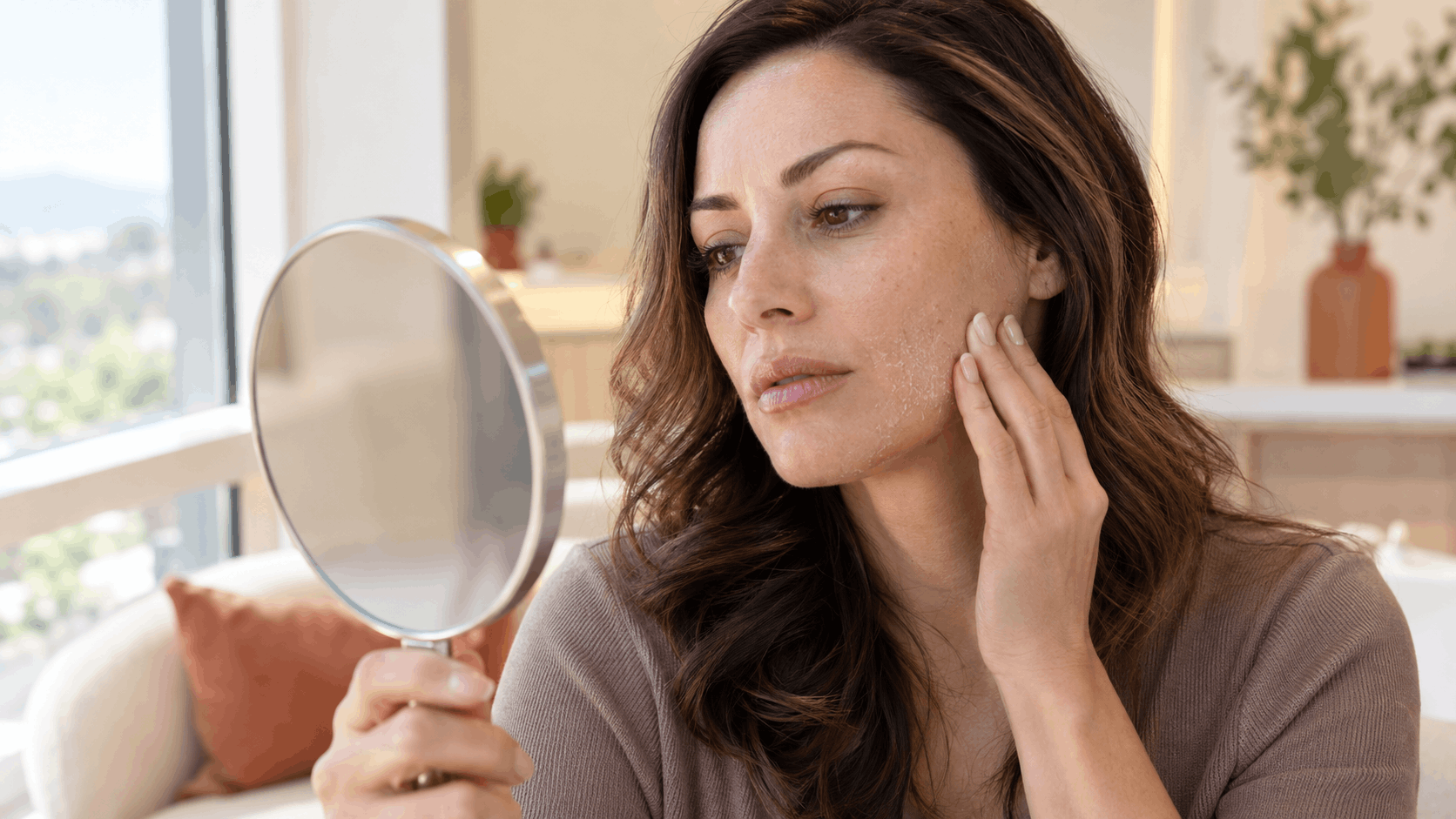 woman examining dry, flaky skin on her cheek while looking in a mirror.