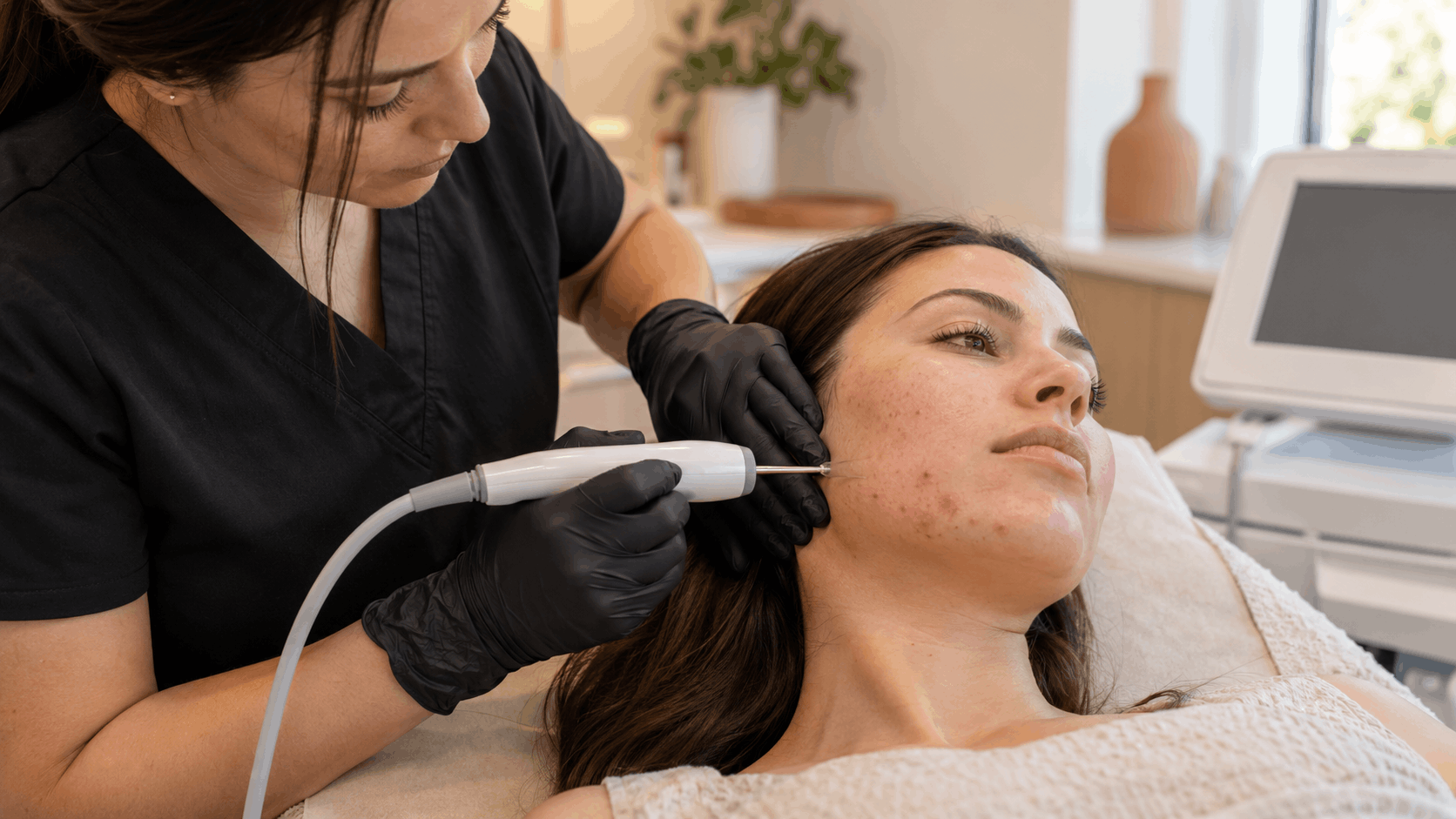 skincare professional using a handheld treatment device on a woman's acne-prone cheek.