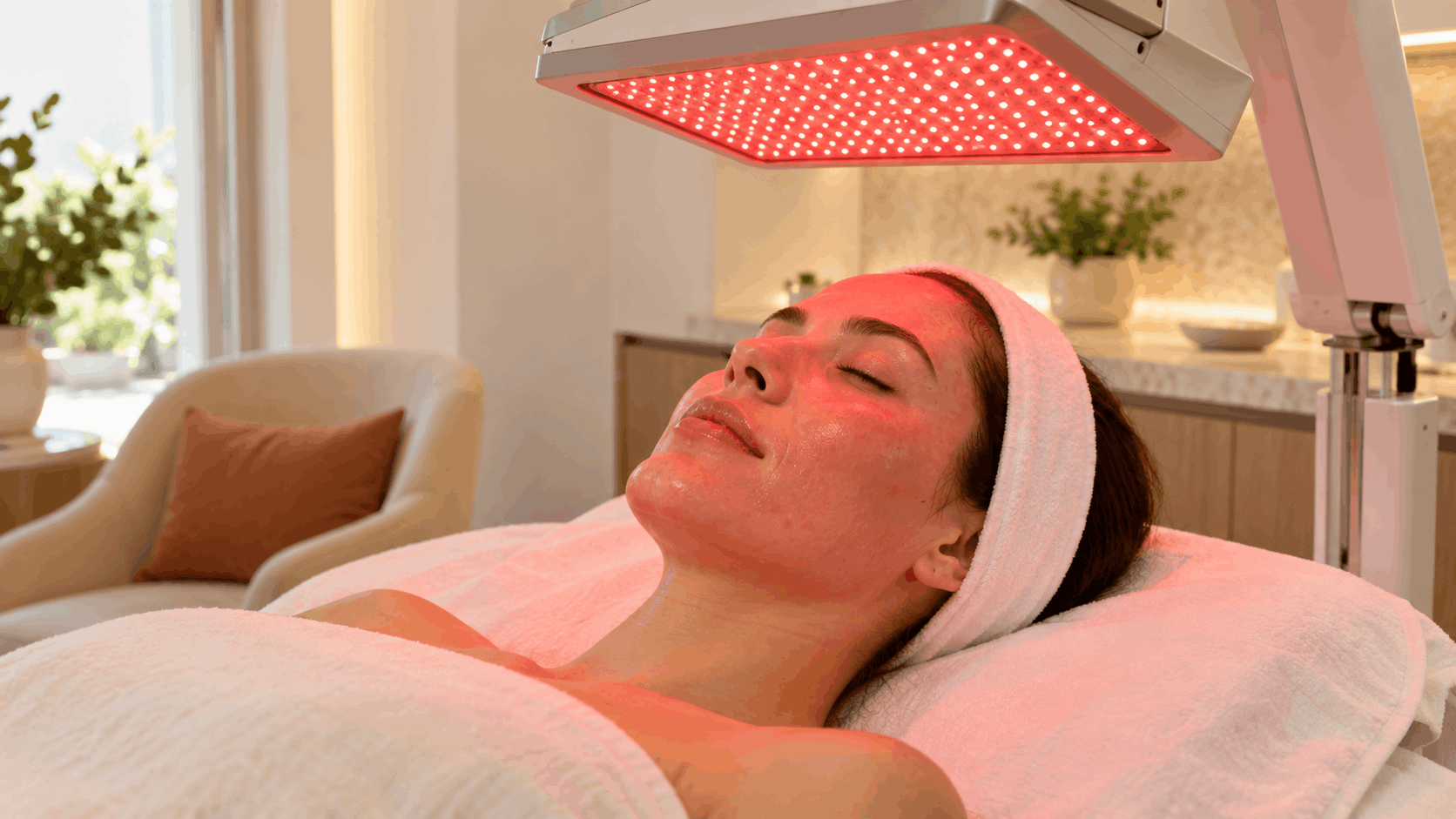 woman receiving red light therapy on her face while resting on a treatment bed.