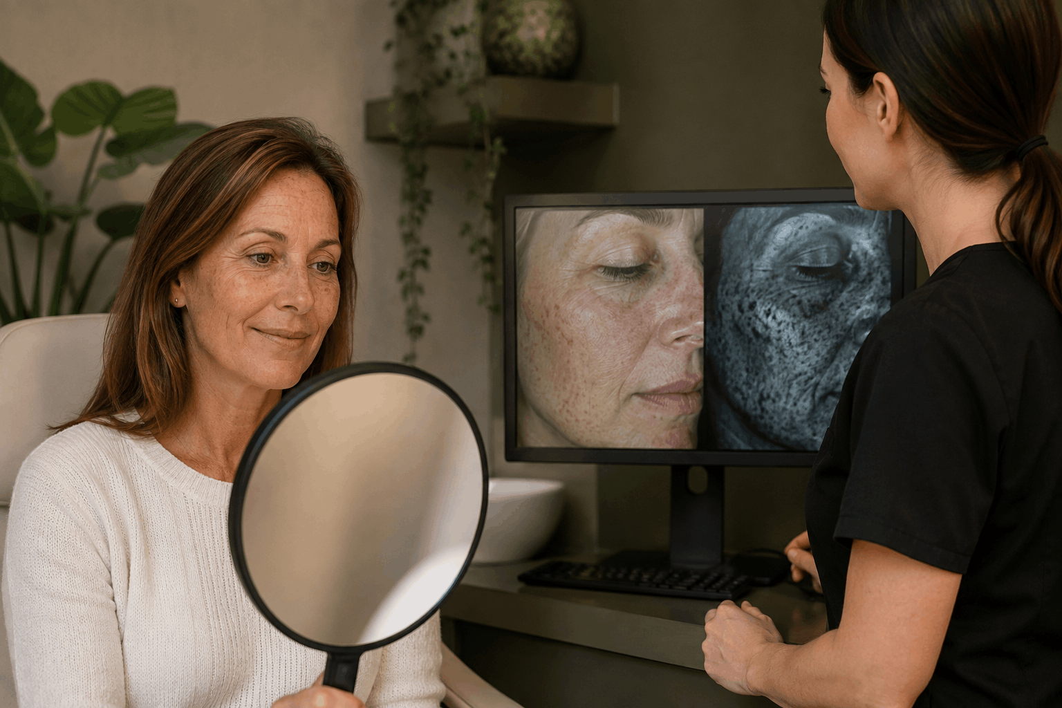 client reviewing facial skin analysis results with a med spa provider