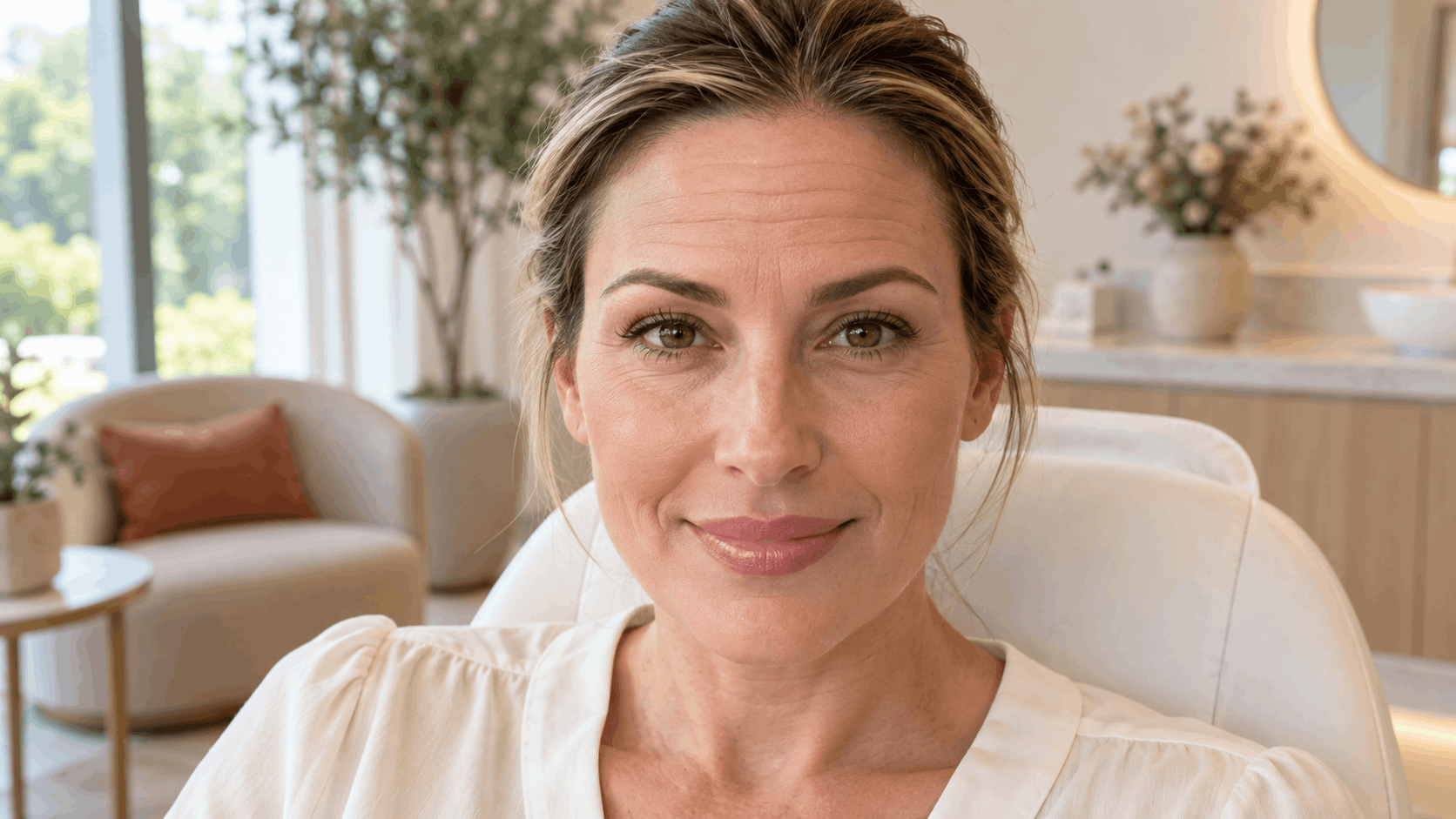 woman facing forward with visible horizontal lines across her forehead.