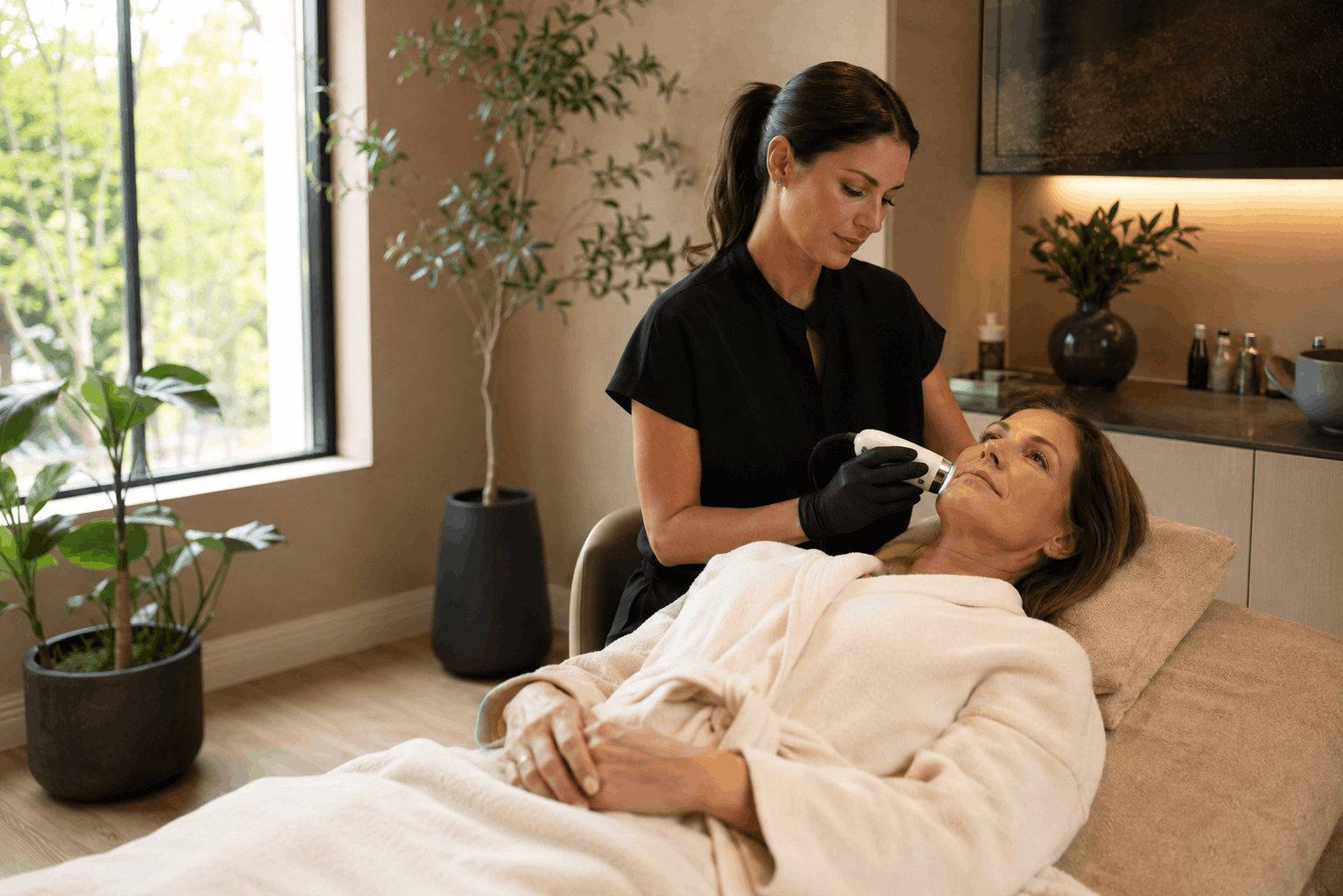 med spa provider performing a facial treatment on a client