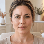 Woman facing forward with visible vertical frown lines between her eyebrows.