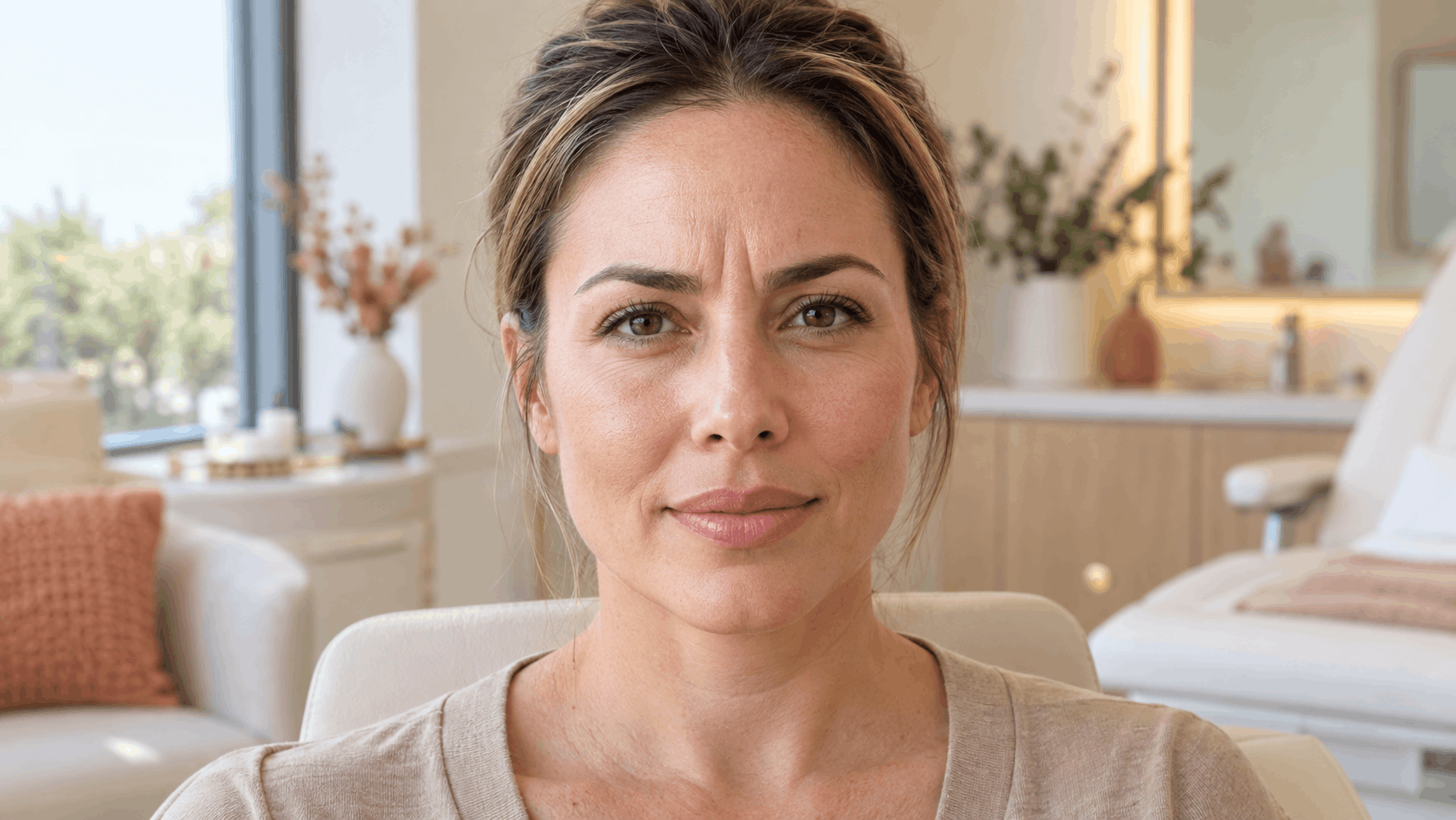 woman facing forward with visible vertical frown lines between her eyebrows.