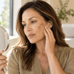 Woman examining visible dark spots and uneven pigmentation on her cheek in a mirror.