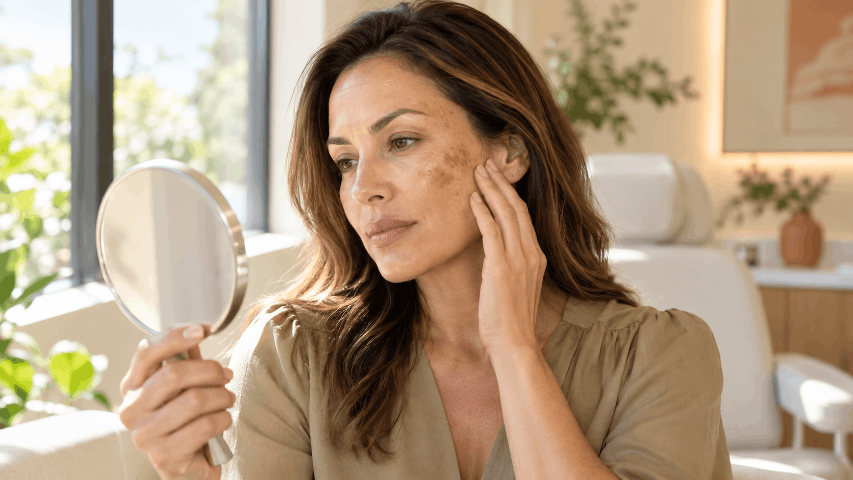 woman examining visible dark spots and uneven pigmentation on her cheek in a mirror.