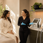 Med spa provider explaining aesthetic treatment options to a client