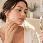 Woman looking in a mirror while examining breakouts along her cheek and jawline.