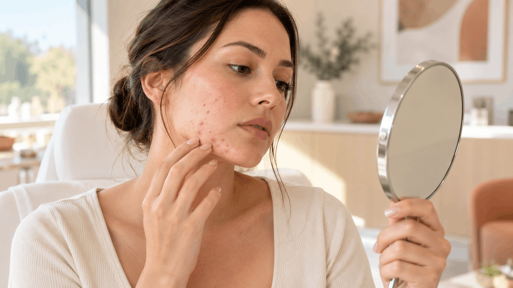 woman looking in a mirror while examining breakouts along her cheek and jawline.
