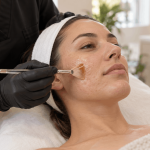 Skincare professional applying a facial treatment solution to a woman's cheek with a brush.