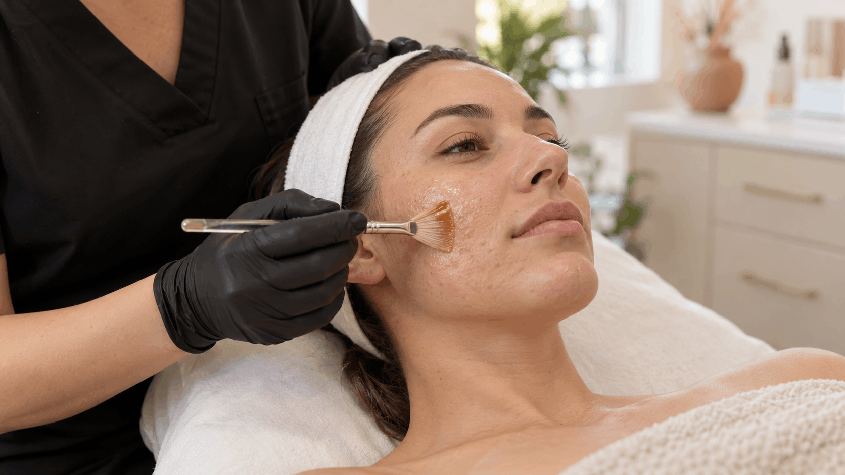 skincare professional applying a facial treatment solution to a woman's cheek with a brush.
