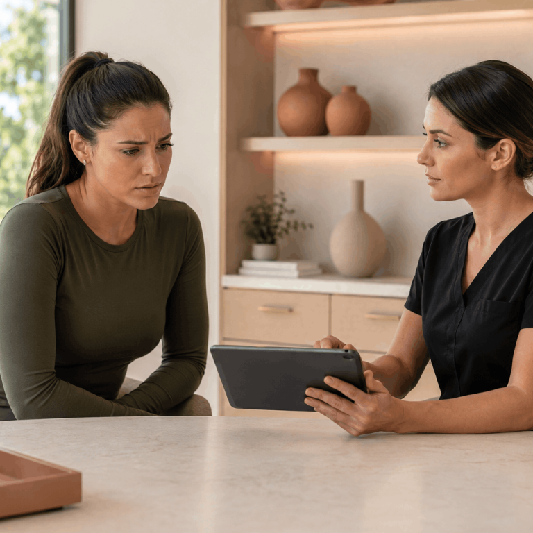 Medical provider discussing weight loss treatment progress with a patient using a tablet during a consultation.