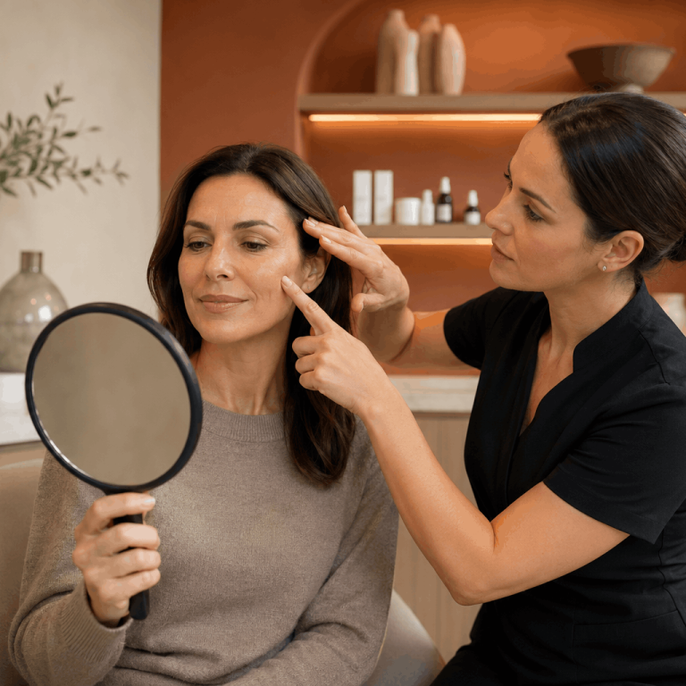 Provider assessing facial volume and skin laxity while a patient looks into a mirror.