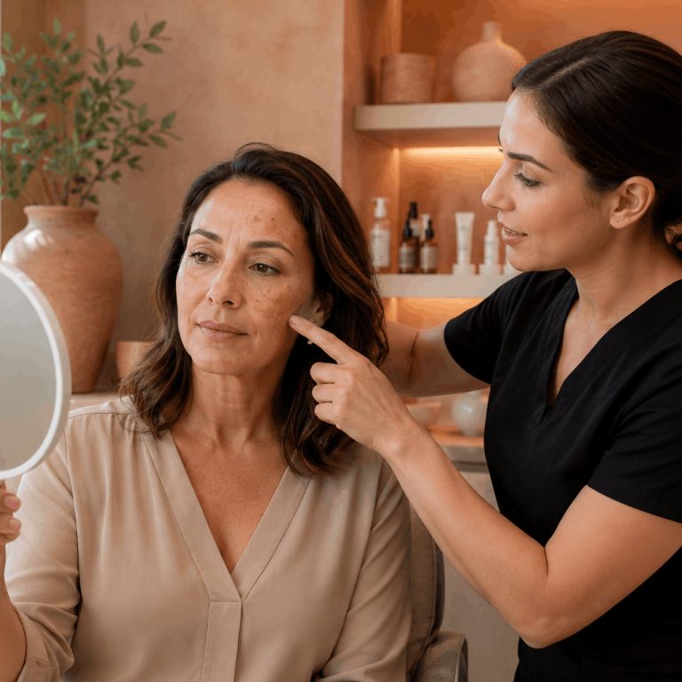 Provider examining facial pigmentation and melasma concerns while a patient looks into a mirror.