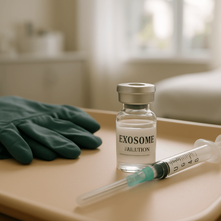 Exosome dilution vial, syringe, and gloves on a clinic tray for advanced skincare treatment