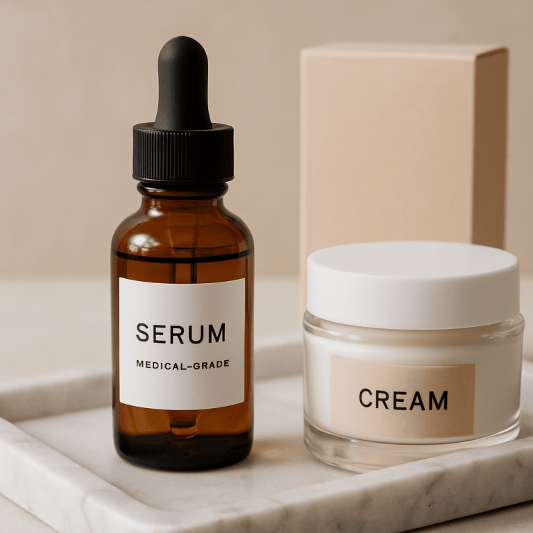 Medical-grade serum and cream on a marble tray for advanced skincare