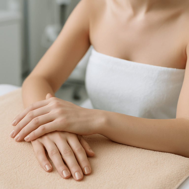 Woman’s hands resting on a spa towel during a medspa manicure treatment
