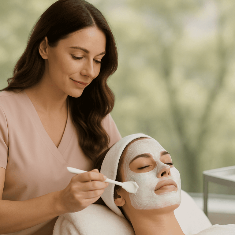 An esthetician applying a white clay facial mask to a client at Genesis Medspa.