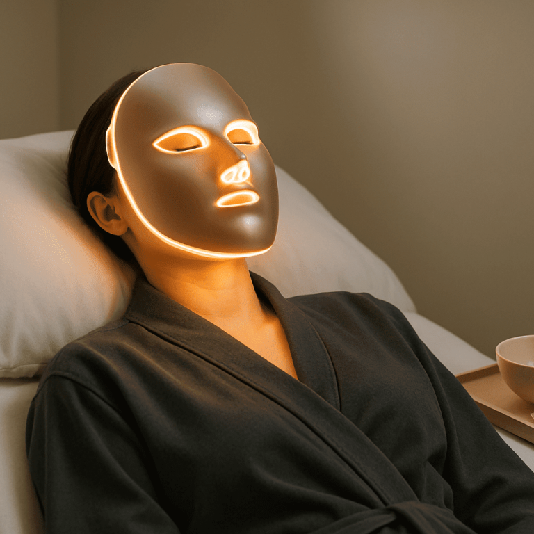 A woman wearing an illuminated LED light therapy mask during treatment.