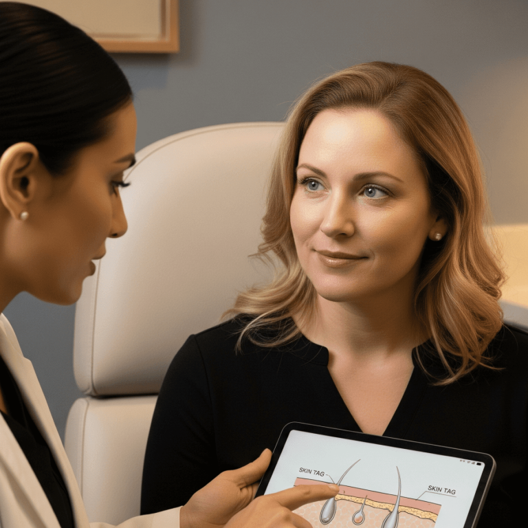 Dermatologist showing a patient a skin diagram on a tablet during a consultation.