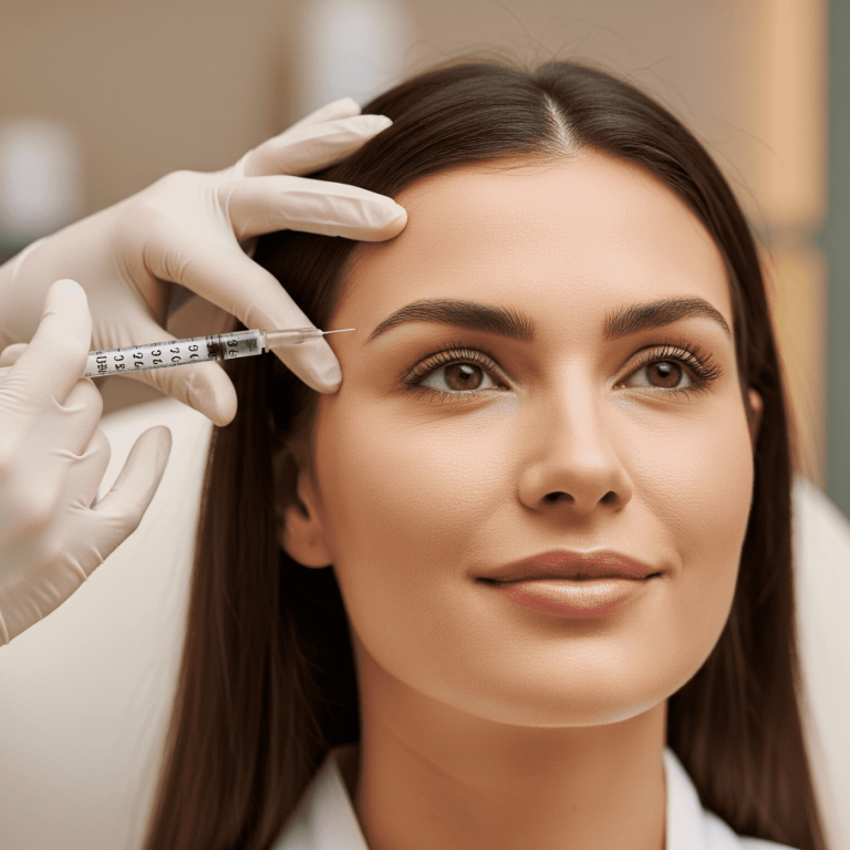 Aesthetic injector administering a cosmetic injection near a client’s eyebrow.