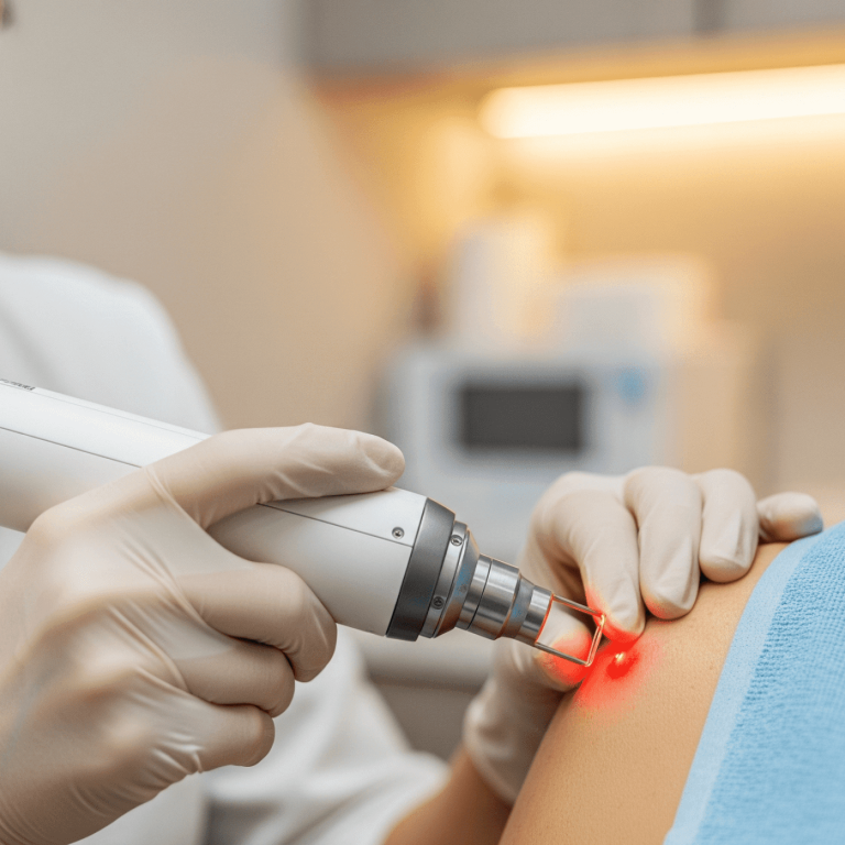 Medical professional performing a laser removal procedure on a patient’s shoulder.