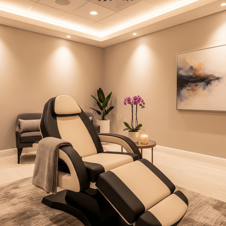 Modern spa treatment room with reclining chair, warm lighting, and contemporary decor.