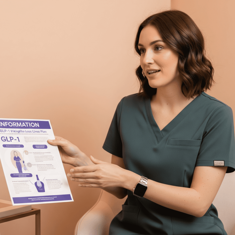 Med spa provider explaining a GLP-1 weight loss information sheet to a client.