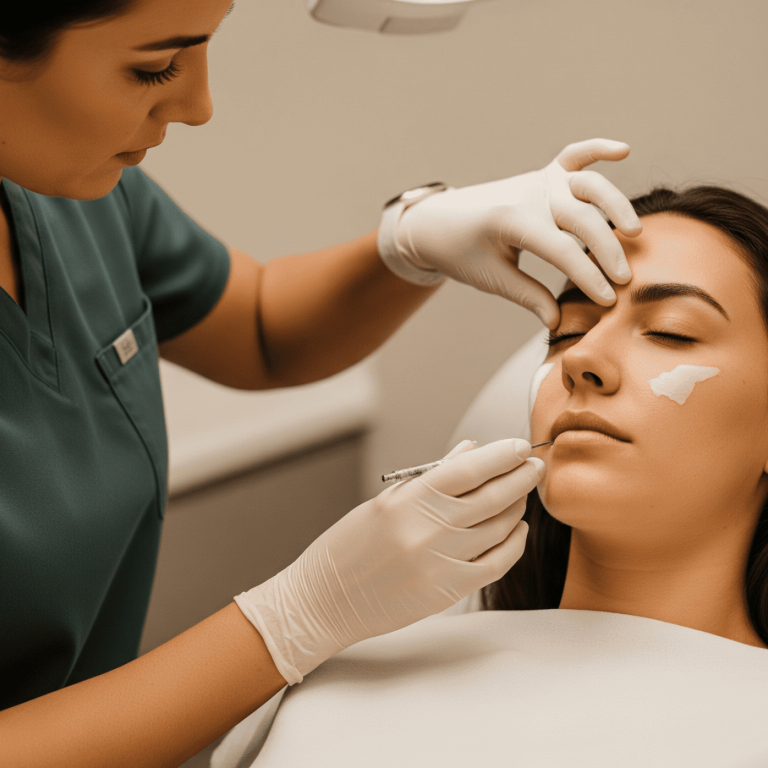 A medical injector administering a facial injectable while the client rests with numbing patches under the eyes.