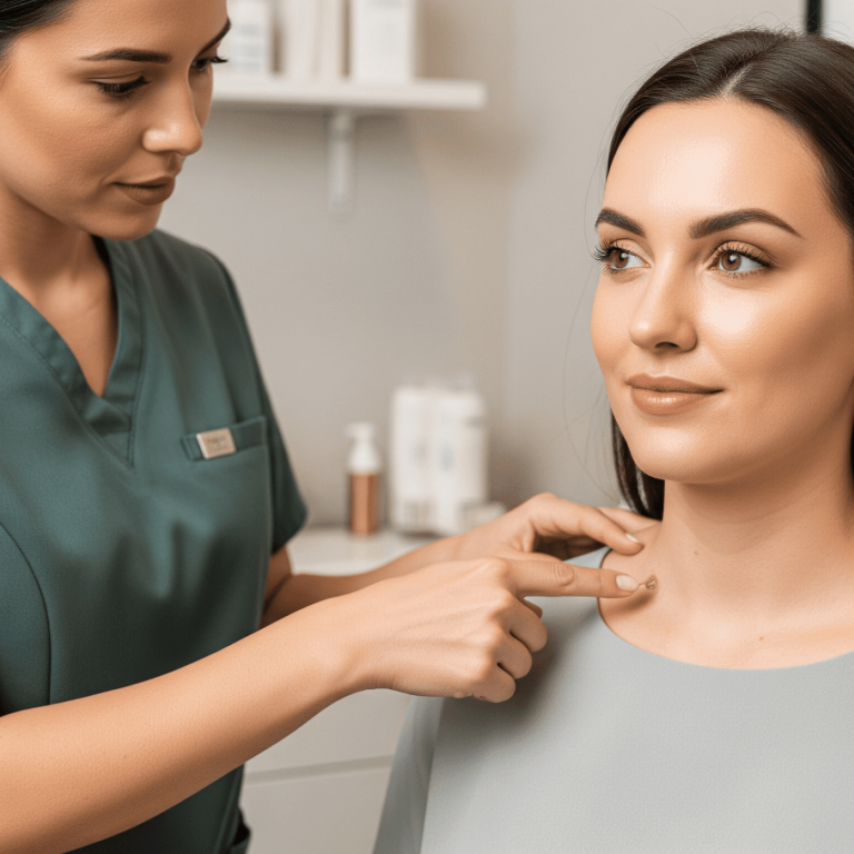Aesthetic specialist pointing to a client’s neck area during a skincare evaluation.