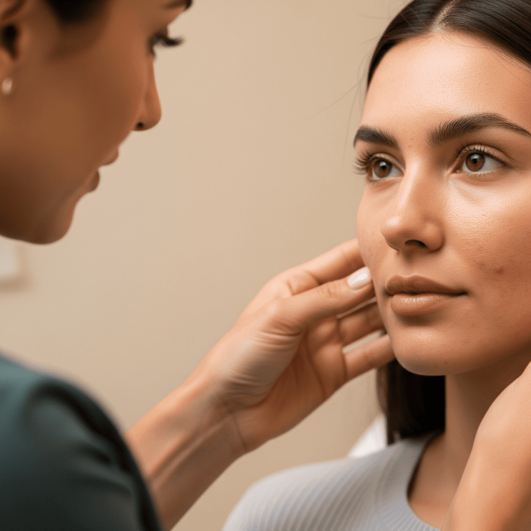Close-up of a skincare specialist examining a woman’s cheek with a handheld mirror during a skin consultation.
