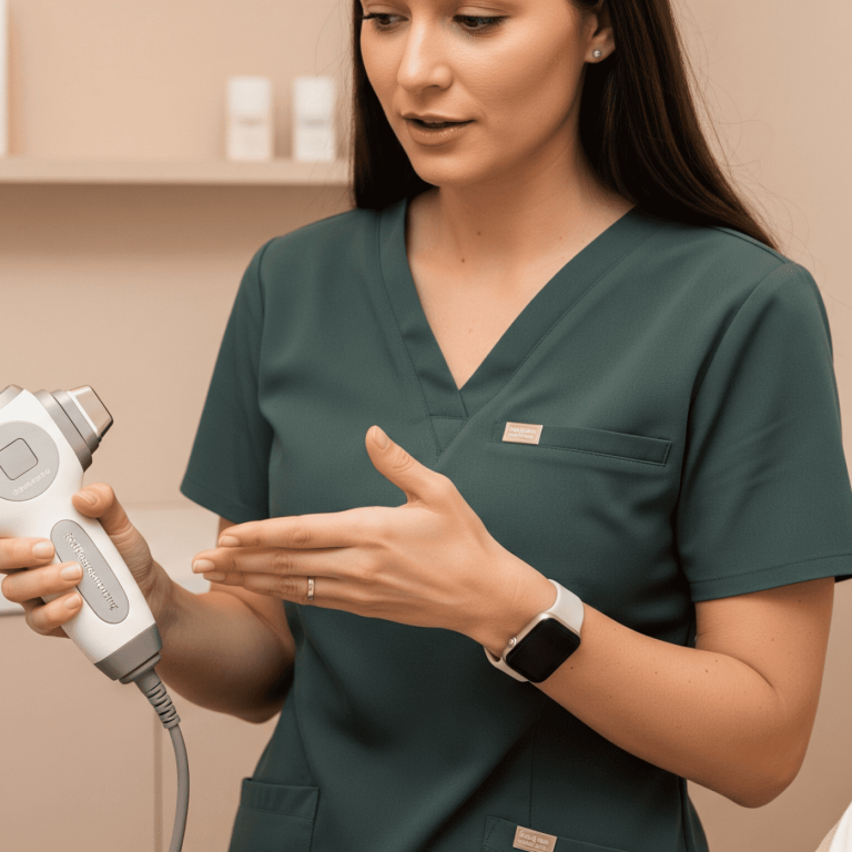 Skincare specialist explaining a med-spa treatment device to a client with acne scarring.