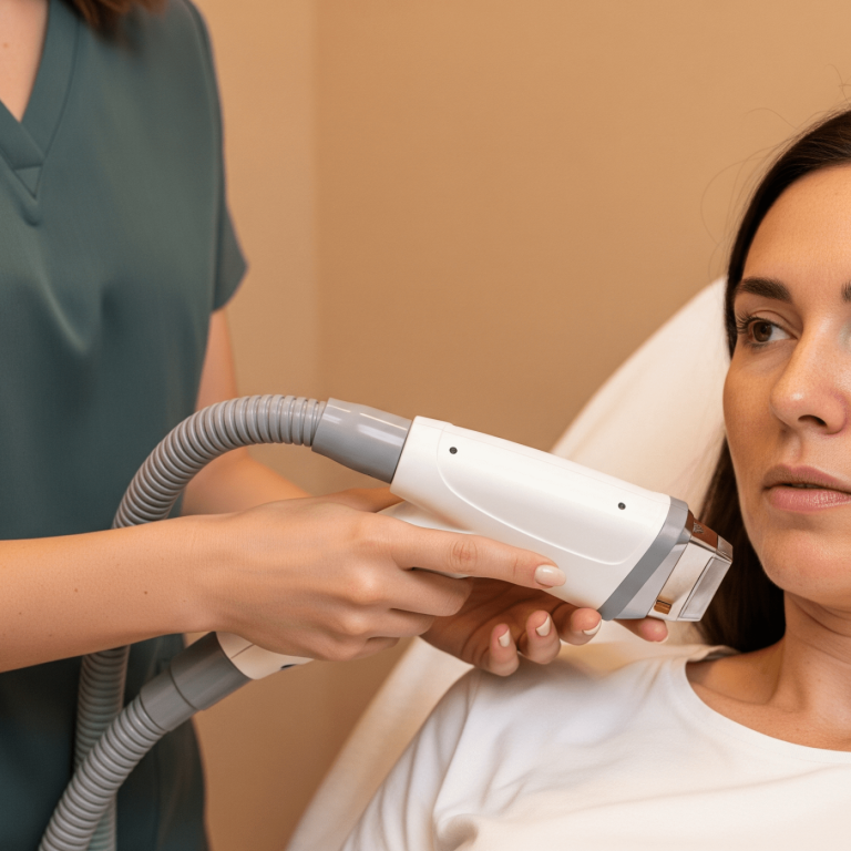Med spa specialist applying a laser or IPL device to a client’s cheek.