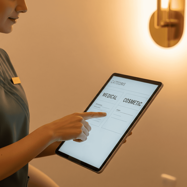 A med spa specialist showing treatment categories on a tablet to a client.