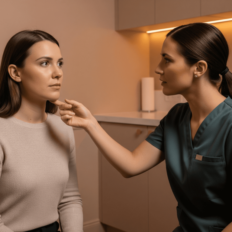 Medical spa provider assessing patient’s chin and jawline during cosmetic consultation