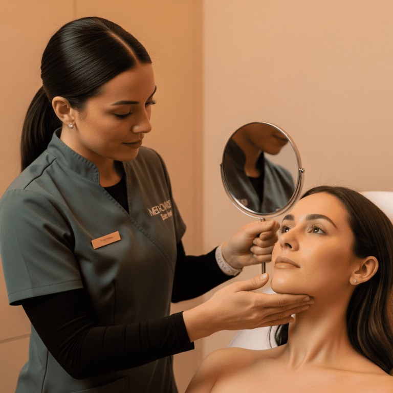 Medical spa provider performing facial assessment while patient views results in handheld mirror