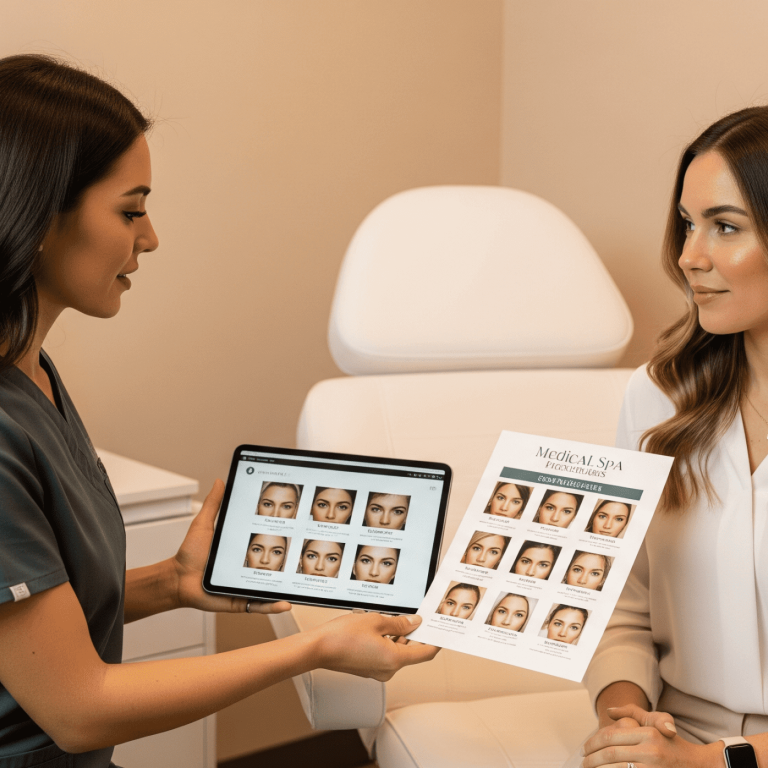 Medical spa consultation reviewing facial treatment options with before and after examples
